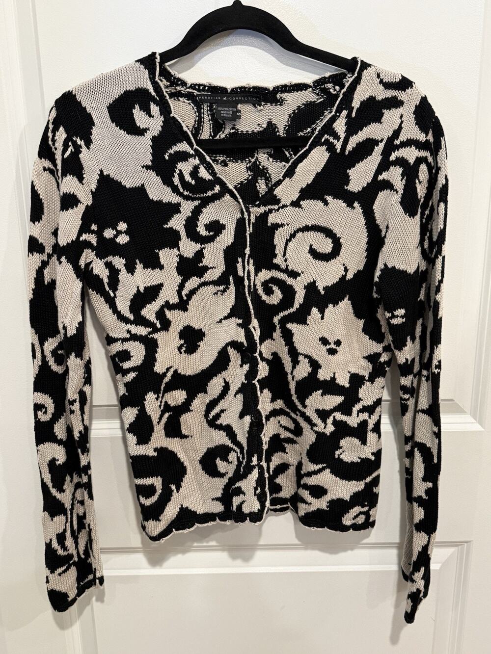 Peruvian Connection Sz Small 100% PIMA Cotton Black Gray Cardigan Sweater